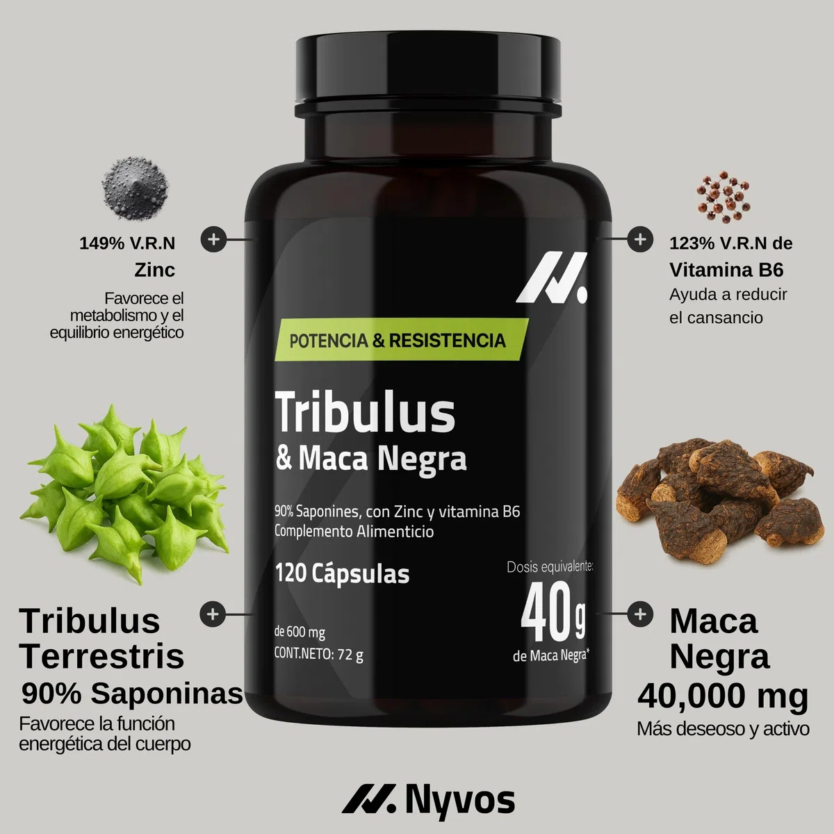Tribulus Terrestris y Maca Negra 40.000 mg (90% Saponinas y Extracto 100:1), Zinc y B6 – Vitalidad, Confianza Duradera y Energía - Testosterona Hombre -120 Caps. Vegano, Sin Gluten ni Lactosa
