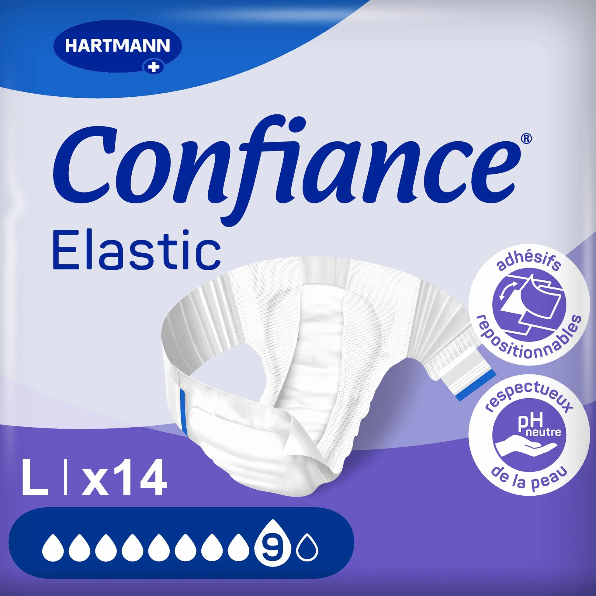 Confiance Cambios elásticos completos para hombres y mujeres - Nivel de absorción = 9 gotas (gran fuga urinaria) - pH neutro para la piel - Material suave - Talla L - 14 unidades