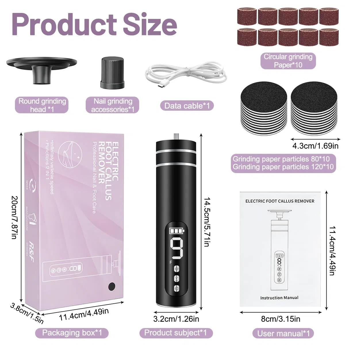Lima Eléctrica 2 en 1 para Pies – Con 20 Discos y 10 Anillos, Recargable, 8 Velocidades para Quitar Durezas, Exfoliar y Cuidar Uñas. Pedicura Profesional para Pies Suaves.