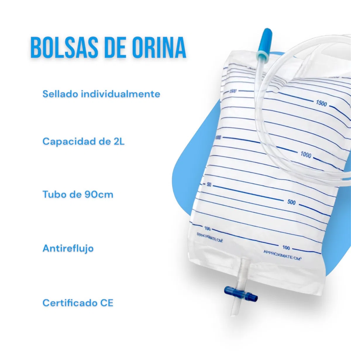 Bolsas de orina estériles 2 Litros (30 unidades) Tubo de 90 cm - Válvula de Descarga Cruzado en T - Antireflujo y Antirretorno - Doble sellado - Un Solo Uso - Bolsa Drenaje, Sonda