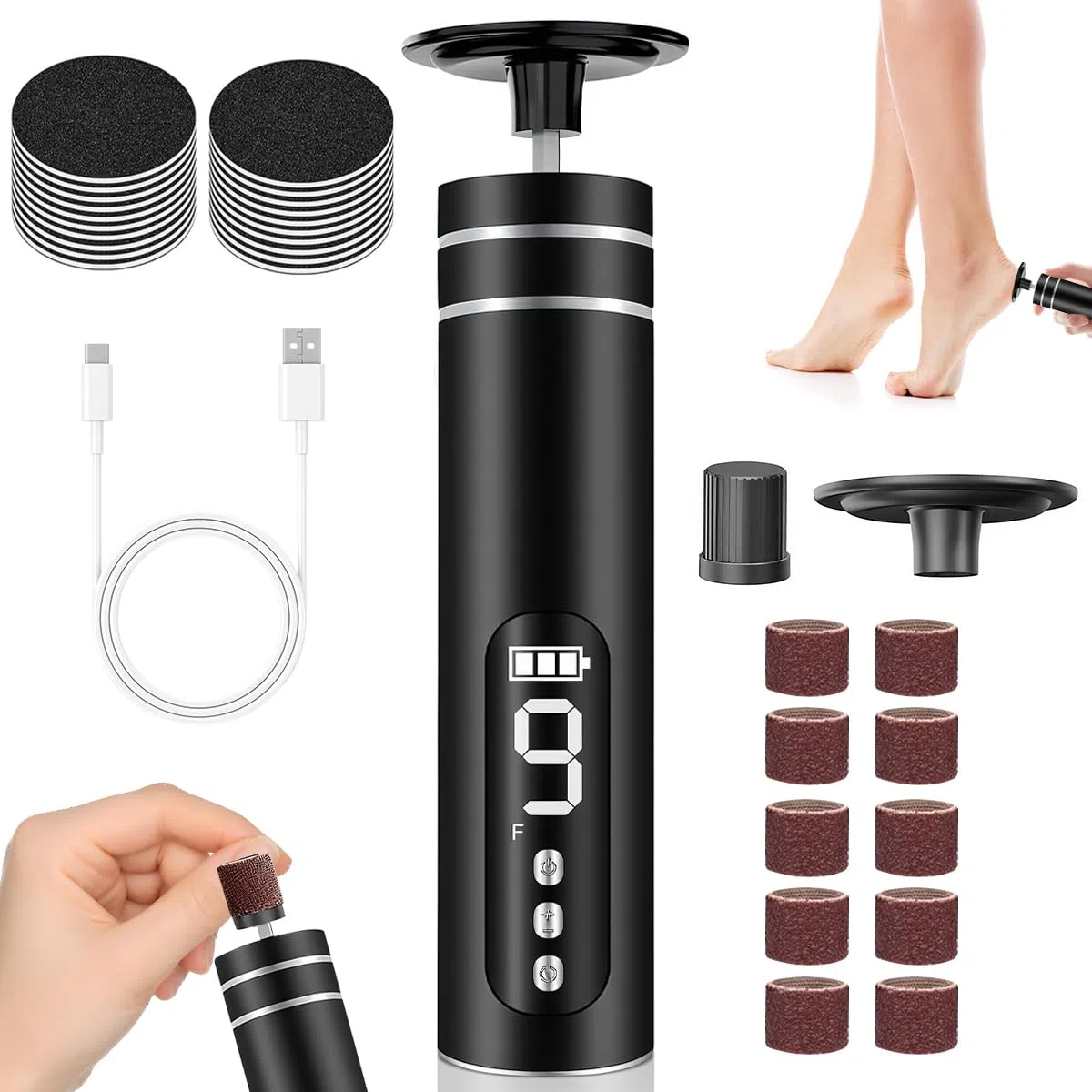 Lima Eléctrica 2 en 1 para Pies – Con 20 Discos y 10 Anillos, Recargable, 8 Velocidades para Quitar Durezas, Exfoliar y Cuidar Uñas. Pedicura Profesional para Pies Suaves.
