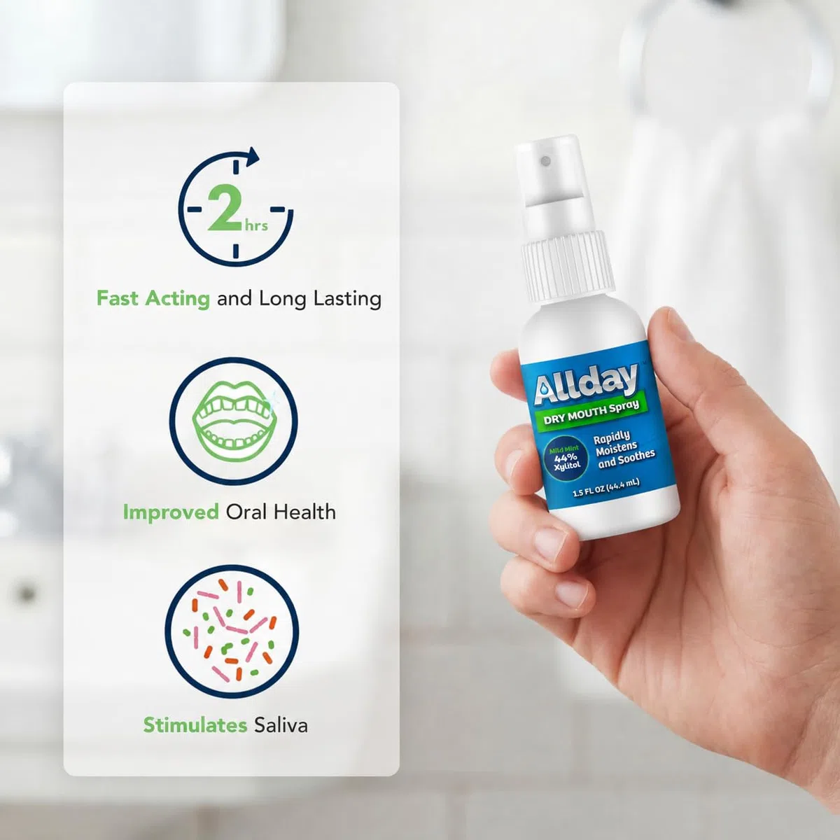Allday Spray para la boca seca, xilitol de máxima potencia, acción rápida, fórmula no ácida (paquete de 2)