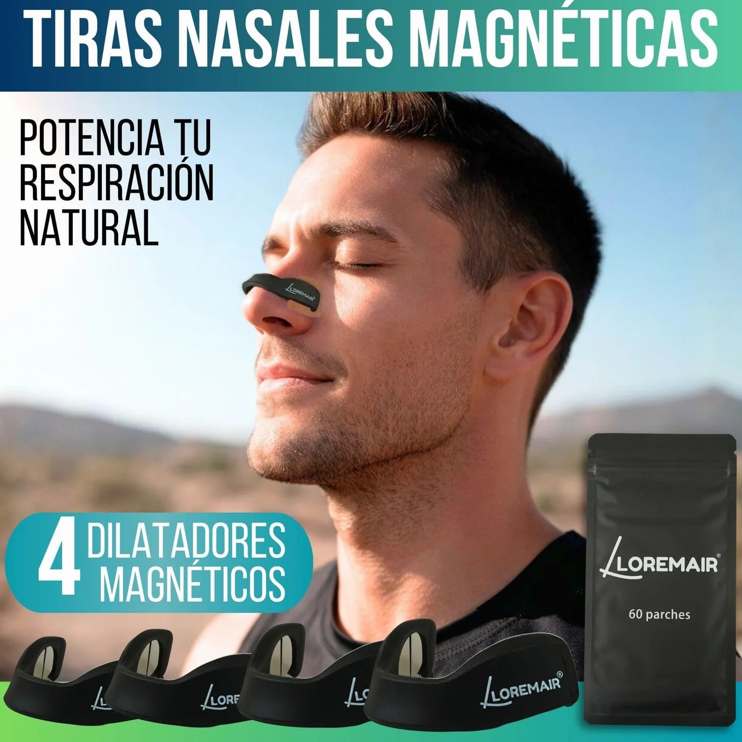 Tiras Nasales Magnéticas Deportivas | Tiras Nasales para Dormir | Dilatador Nasal Antironquidos | Mejora la Respiración y Rendimiento | 4 Arcos Magnéticos + Aplicador + 60 Parches (30 Días)