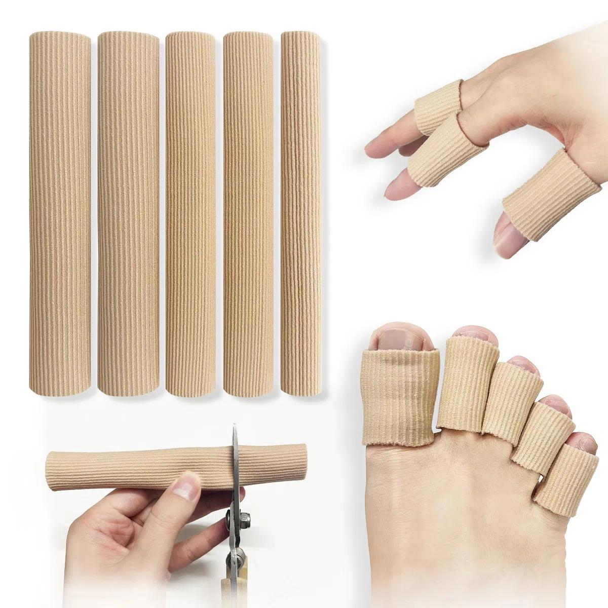 5 Pcs Protector Dedos Pie de Silicona Cortables, Tubos de Dedo de Pie, Protectores de manga de tela con forro de gel, evita el desarrollo de maíz, callos y ampollas entre los dedos de los pies (S,M,L)
