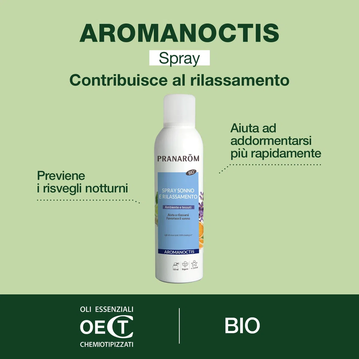 PRANAROM Aromanoctis Spray Sueño y Relajación Atmósfera y Tejidos Bio, Aceites Esenciales de Lavanda, Manzanilla Romana, Ayuda a Relajarse, facilita el sueño, Sinergia de aceites Esenciales, 150 ml