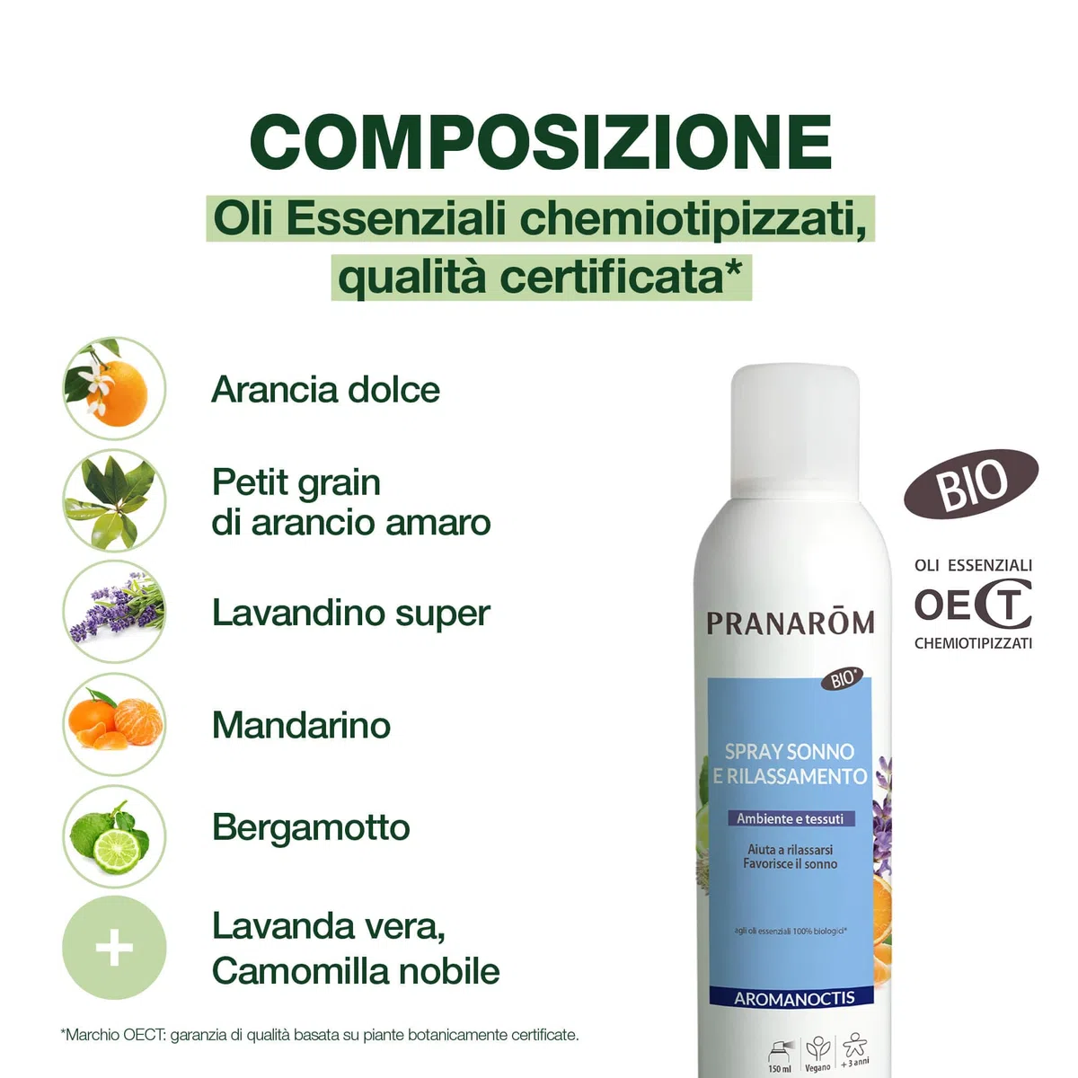 PRANAROM Aromanoctis Spray Sueño y Relajación Atmósfera y Tejidos Bio, Aceites Esenciales de Lavanda, Manzanilla Romana, Ayuda a Relajarse, facilita el sueño, Sinergia de aceites Esenciales, 150 ml