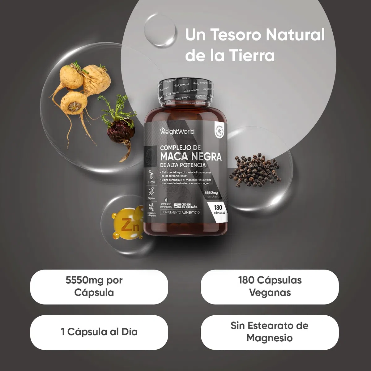 Maca Negra y Amarilla Andina Complex 5000mg de Potencia-100:1-6 Meses de Suministro, 180 Maca Cápsulas Veganas - Con Zinc, L-Arginina, Ginseng y Pimienta Negra, Sin Estearato de Magnesio