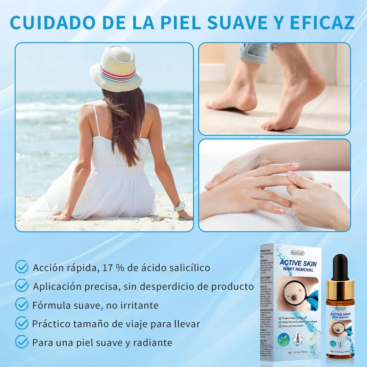 Acción para eliminar acrocordones – Pipeta de precisión para rostro y cuerpo | Eliminación específica de verrugas plantares, vulgares y planas | Fórmula suave con, Sin Dolor | Formato de viaje (15 ml)
