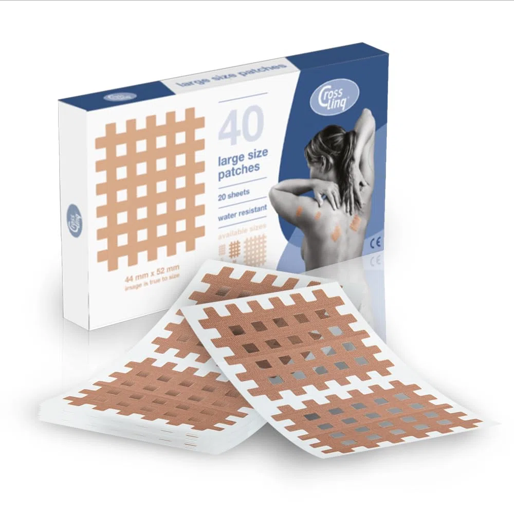 CrossLinq Acupresión, Acupuntura | Alivio de Edemas y Dolores | CrossTape | Cintas no elásticas en forma de rejilla | Parches en forma de cruz (40 unidades-Grande) | Beige