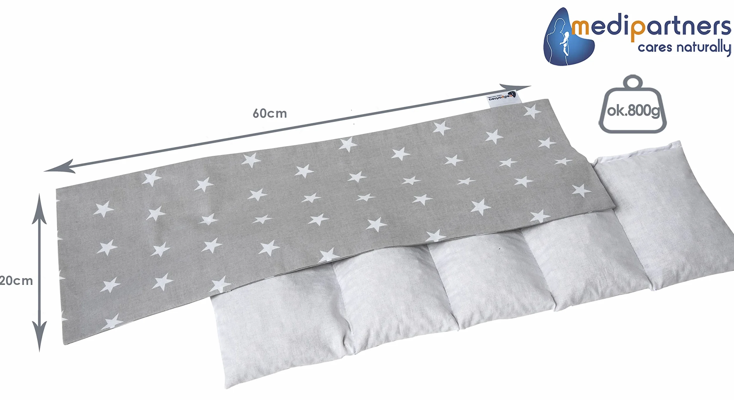 Medi Partners Saco de Semillas para Microondas 60x20cm Cojin 800g 100% Algodón 5 cámaras Saquitos bolsa Semillas calor Microondas Saco Termico (Estrellas)