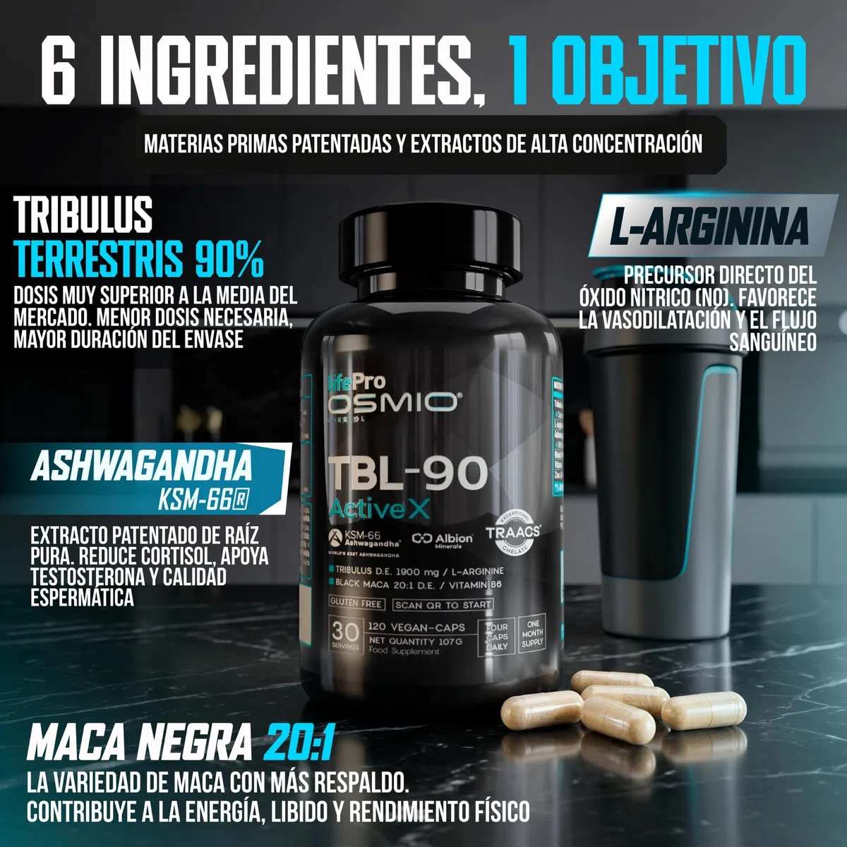 Life Pro Osmio Tribulus TBL-90 120 Vegancaps - Tribulus, Ashwagandha, Maca Negra, Zinc y Vitamina B6 - Complemento Alimenticio Vegano para Energía y Vitalidad