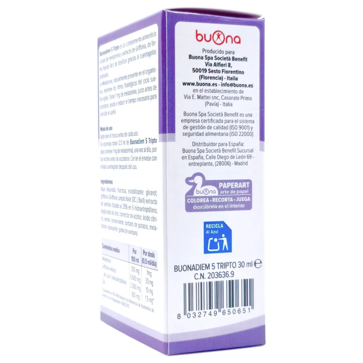 Buona Buonadiem 5-Tripto Gotas 30 ml - Suplemento para el Sueño y Descanso Infantil - Con 5-HTP (Griffonia) - Ayuda a Conciliar el Sueño de Bebés y Niños - Relajación Natural