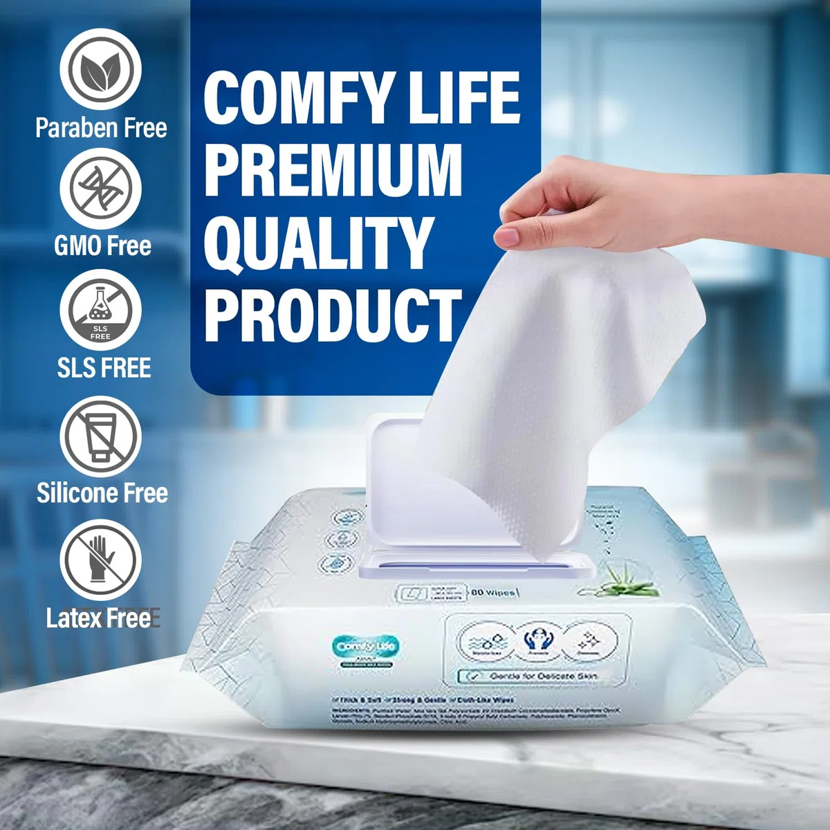 Comfy Life - Toallitas húmedas para el cuerpo, toallitas suaves, sin fragancia y sin enjuague para adultos, para el baño, la cama y cuidado íntimo (1 paquete (80 toallitas))
