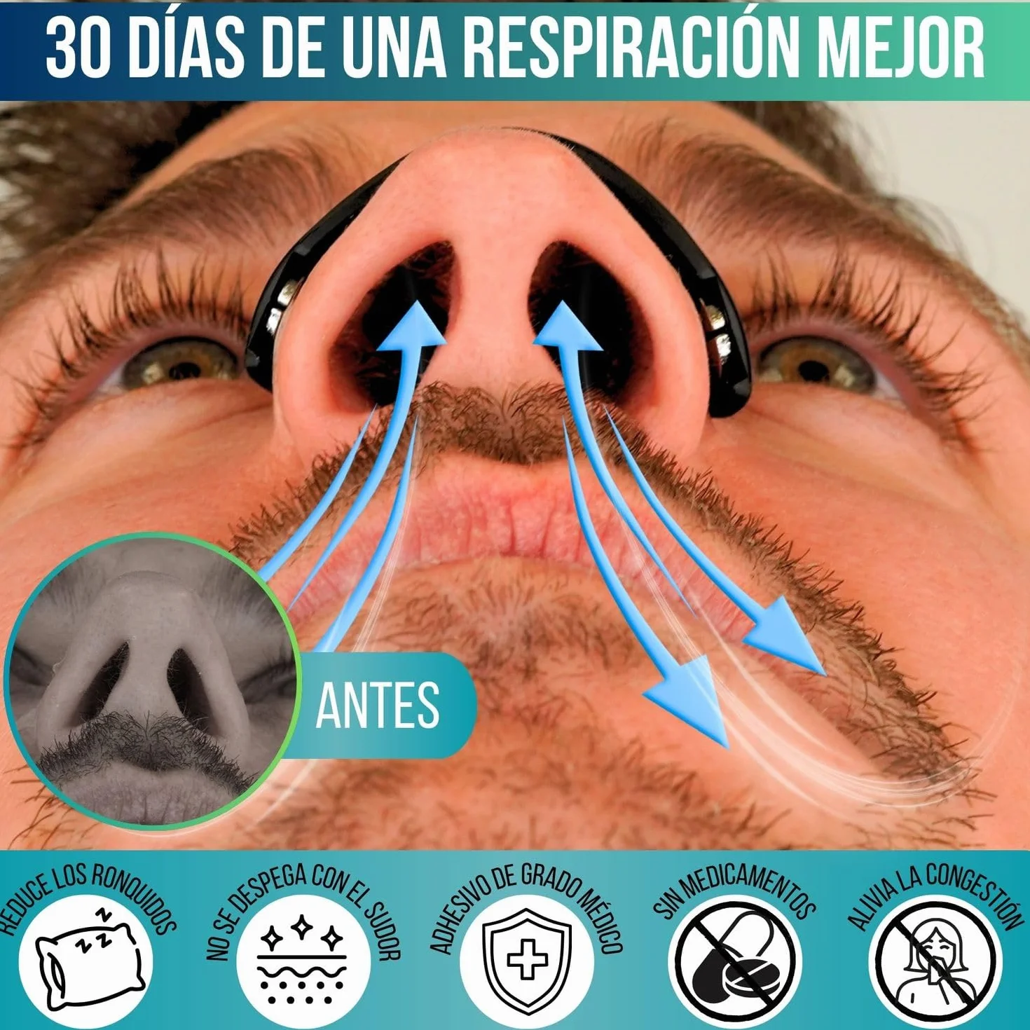 Tiras Nasales Magnéticas Deportivas | Tiras Nasales para Dormir | Dilatador Nasal Antironquidos | Mejora la Respiración y Rendimiento | 4 Arcos Magnéticos + Aplicador + 60 Parches (30 Días)