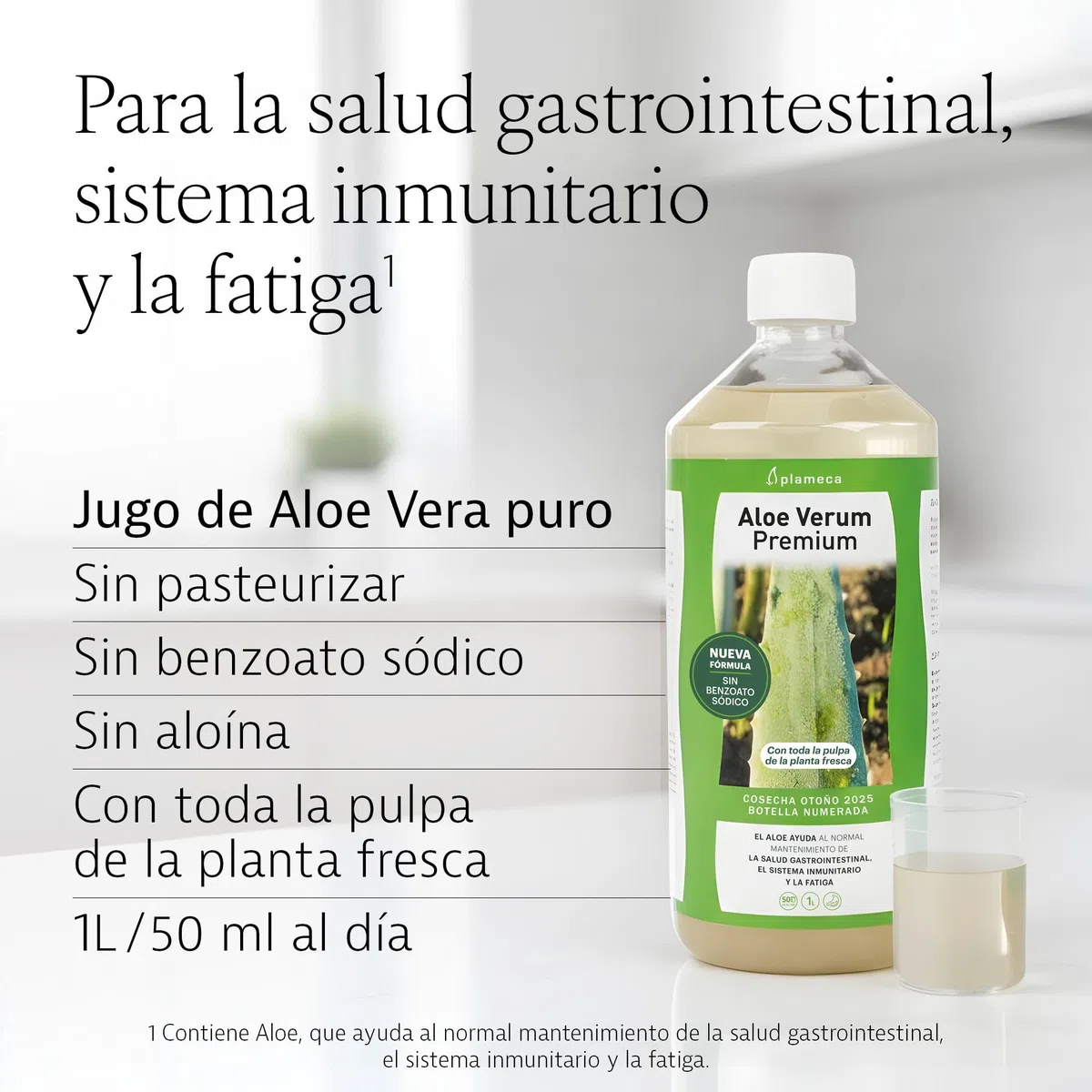 PLAMECA Aloe Verum Premium, Salud Gastrointestinal, Sistema Inmunitario y Situaciones de Fatiga, Jugo puro Aloe Vera con Pulpa y Sin Aloína, 1L
