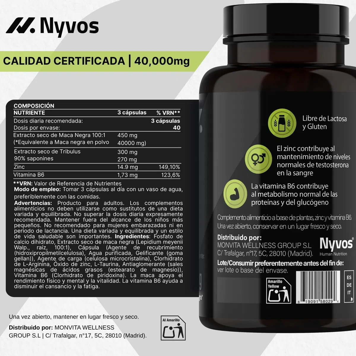 Tribulus Terrestris y Maca Negra 40.000 mg (90% Saponinas y Extracto 100:1), Zinc y B6 – Vitalidad, Confianza Duradera y Energía - Testosterona Hombre -120 Caps. Vegano, Sin Gluten ni Lactosa