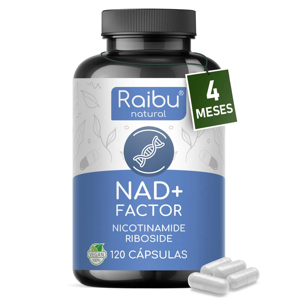 NAD+ 100% Puro, 300 mg de Nicotinamida Ribósido (NR) por Cápsula - Suministro para 4 MESES - Anti-Edad y Fatiga, NAD Booster - Sin Agentes Separadores, Sin Gluten, Vegano - 120 Cápsulas