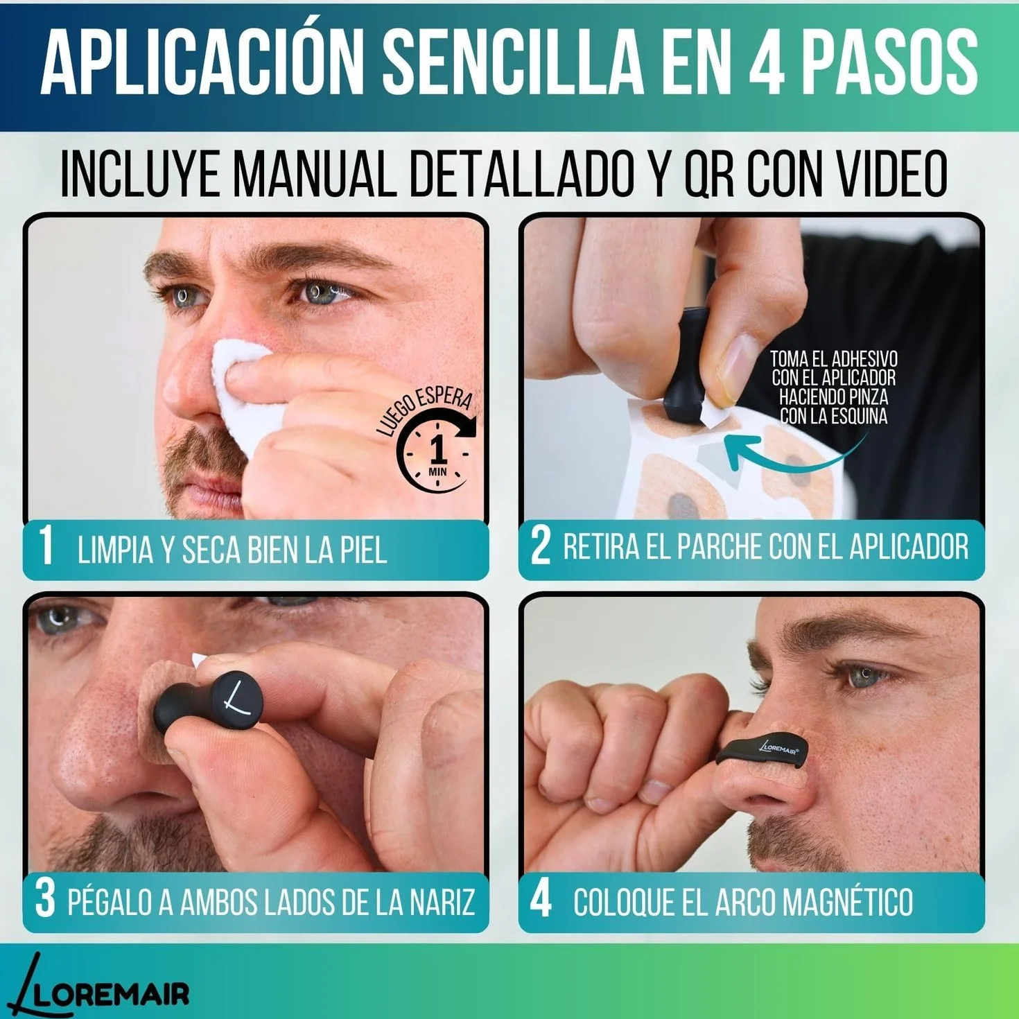 Tiras Nasales Magnéticas Deportivas | Tiras Nasales para Dormir | Dilatador Nasal Antironquidos | Mejora la Respiración y Rendimiento | 4 Arcos Magnéticos + Aplicador + 60 Parches (30 Días)