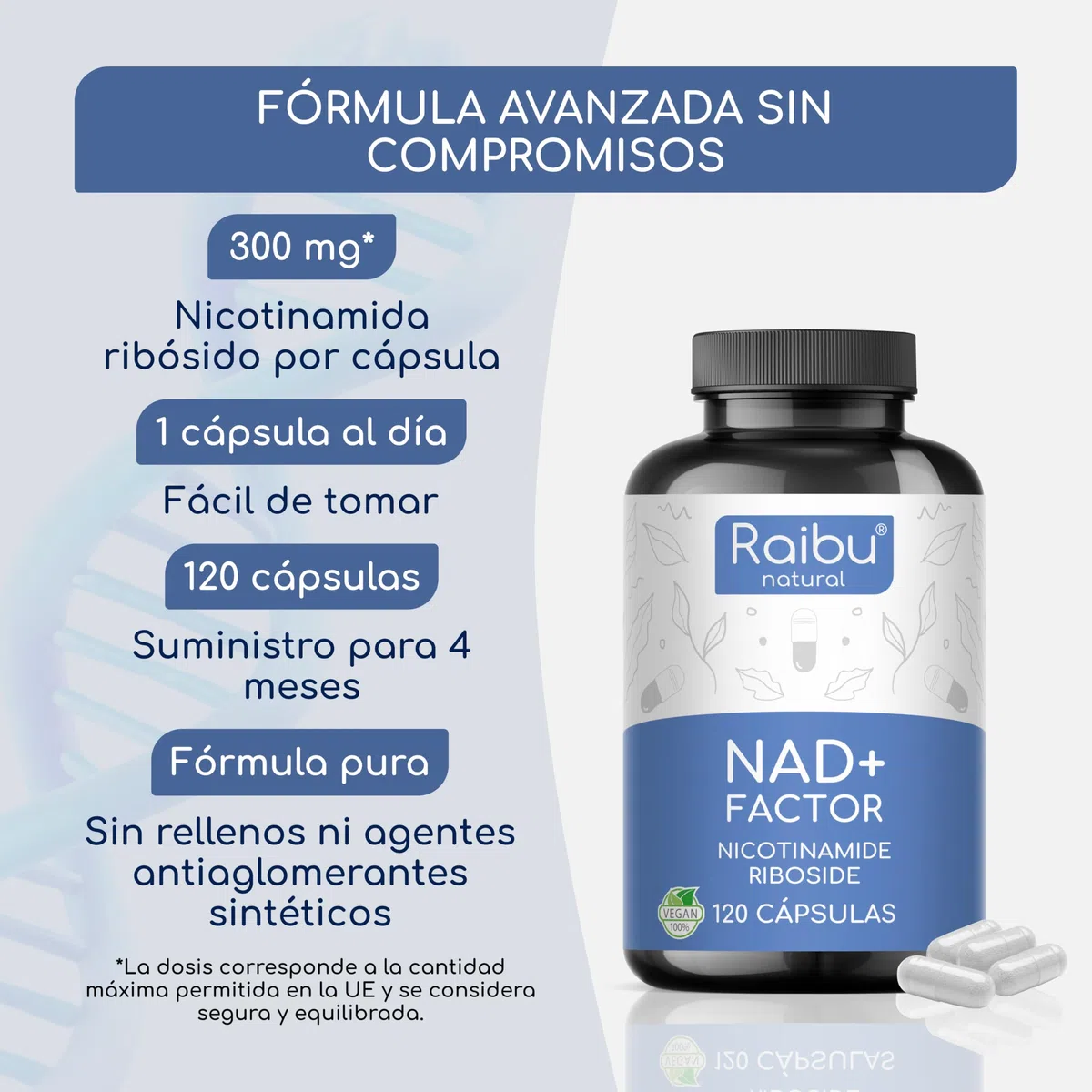 NAD+ 100% Puro, 300 mg de Nicotinamida Ribósido (NR) por Cápsula - Suministro para 4 MESES - Anti-Edad y Fatiga, NAD Booster - Sin Agentes Separadores, Sin Gluten, Vegano - 120 Cápsulas