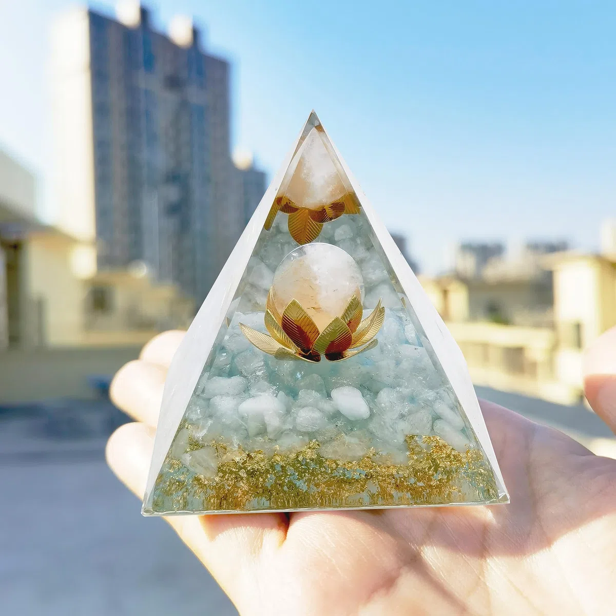 Piedra lunar de cristal de orgón pirámide de cristal de ógano, torre de energía de loto natural, cristal blanco, reiki, chakras, piedra triturada, flor de la vida, orgonita, curación, chakras