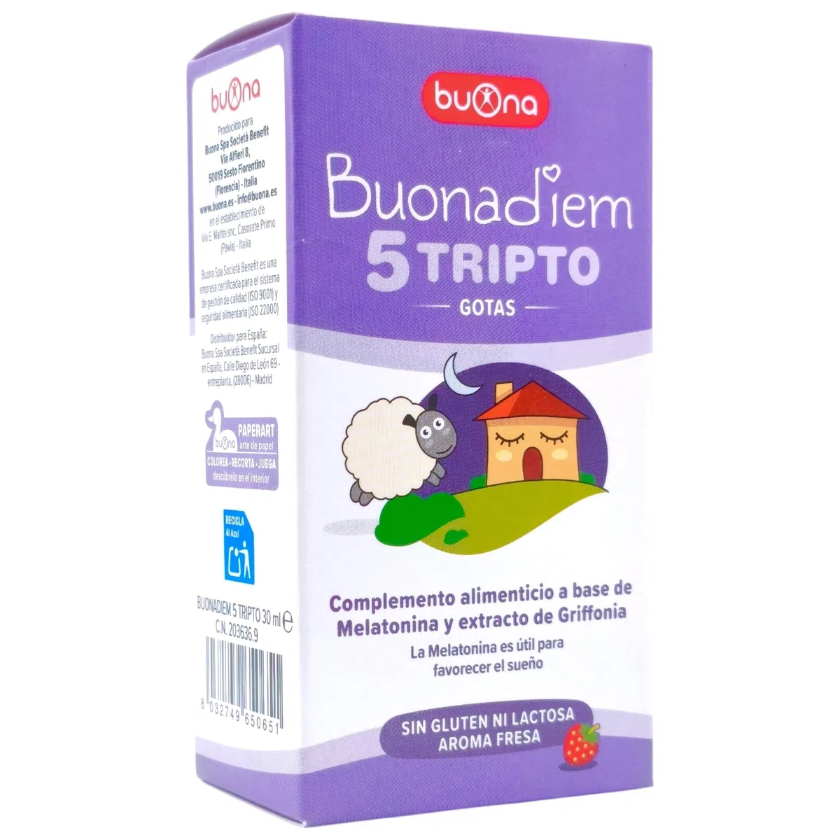Buona Buonadiem 5-Tripto Gotas 30 ml - Suplemento para el Sueño y Descanso Infantil - Con 5-HTP (Griffonia) - Ayuda a Conciliar el Sueño de Bebés y Niños - Relajación Natural