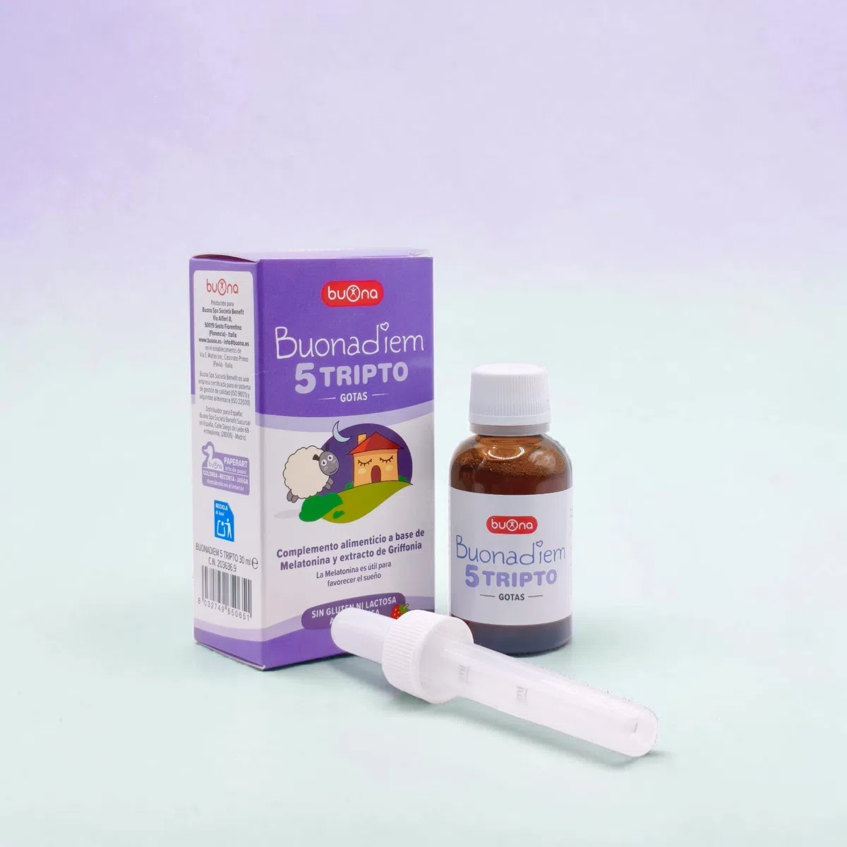 Buona Buonadiem 5-Tripto Gotas 30 ml - Suplemento para el Sueño y Descanso Infantil - Con 5-HTP (Griffonia) - Ayuda a Conciliar el Sueño de Bebés y Niños - Relajación Natural