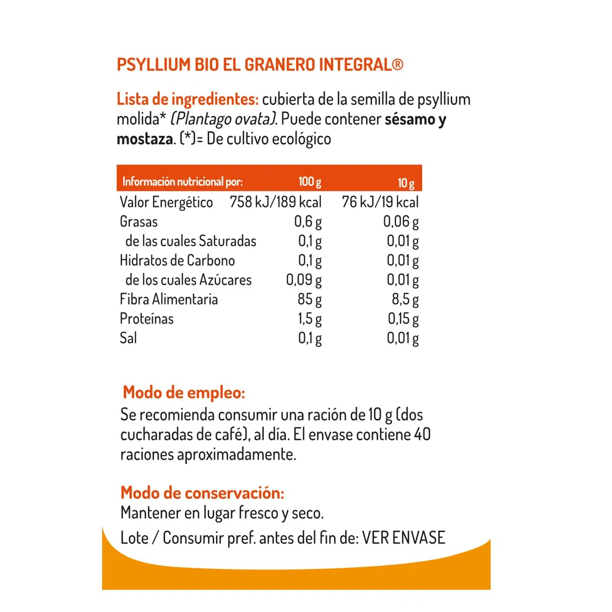 El Granero Integral - Psyllium BIO - 400 g - Superalimento Vegano - Alto Contenido en Fibra - Contribuye al Normal Funcionamiento Intestinal y Digestivo - Ayuda a Controlar el Peso