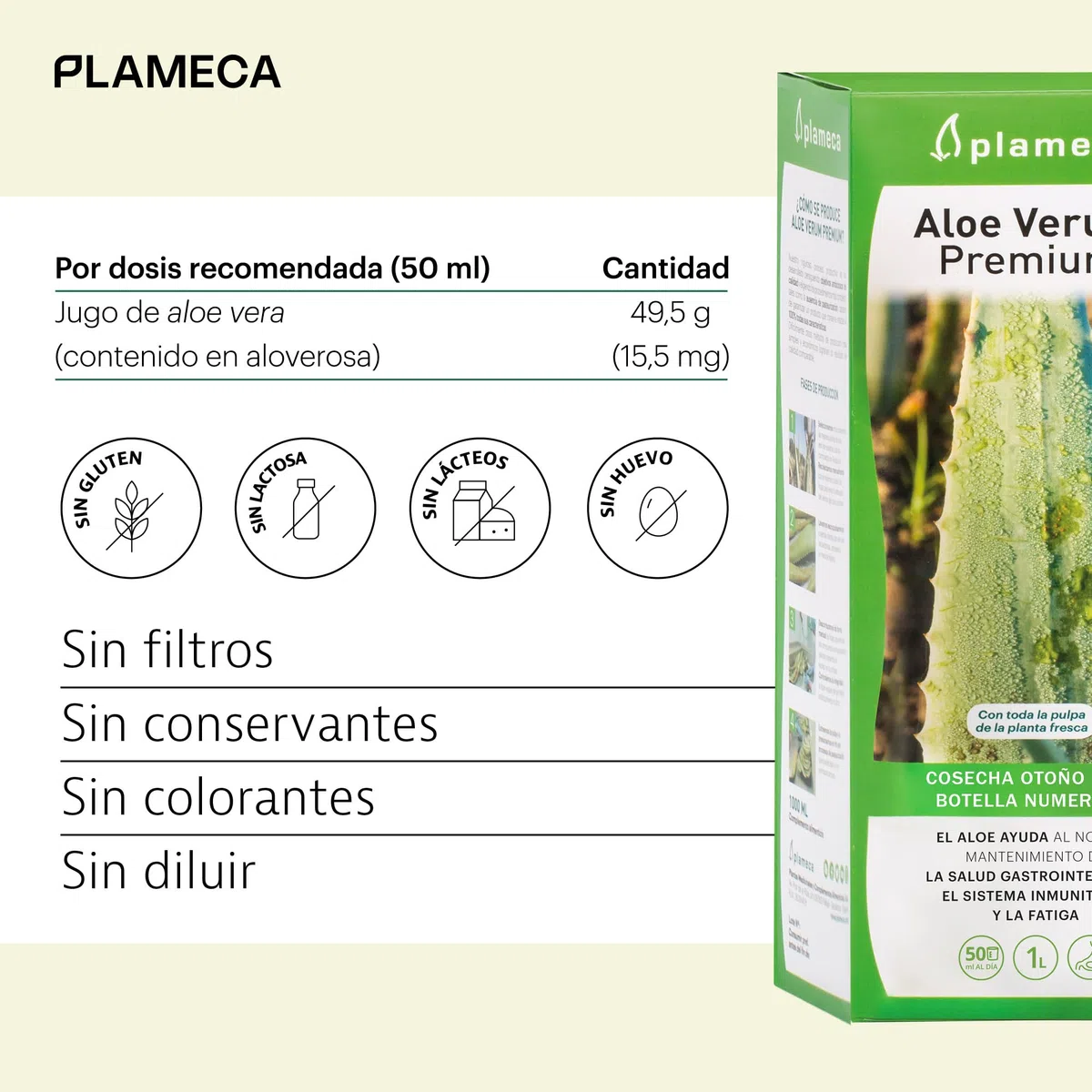 PLAMECA Aloe Verum Premium, Salud Gastrointestinal, Sistema Inmunitario y Situaciones de Fatiga, Jugo puro Aloe Vera con Pulpa y Sin Aloína, 1L