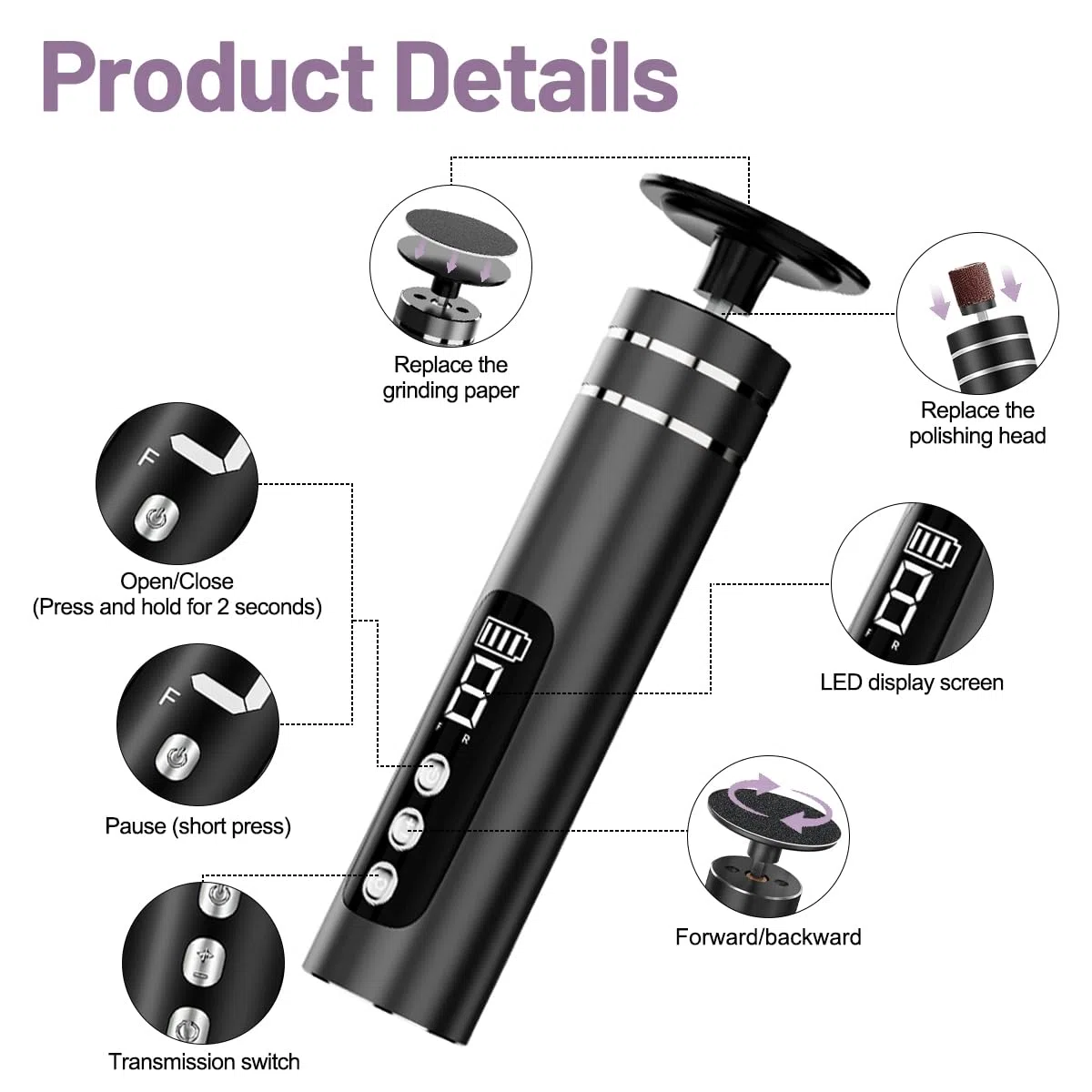 Lima Eléctrica 2 en 1 para Pies – Con 20 Discos y 10 Anillos, Recargable, 8 Velocidades para Quitar Durezas, Exfoliar y Cuidar Uñas. Pedicura Profesional para Pies Suaves.