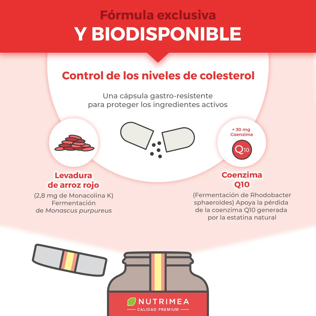 Levadura de Arroz Rojo + 15 mg Coenzima Q10 + 2,8 mg Monacolina K – Apoyo al Colesterol – Sin Citrinina – Alta Concentración – 90 Cápsulas Veganas – Fabricado en Francia – Nutrimea
