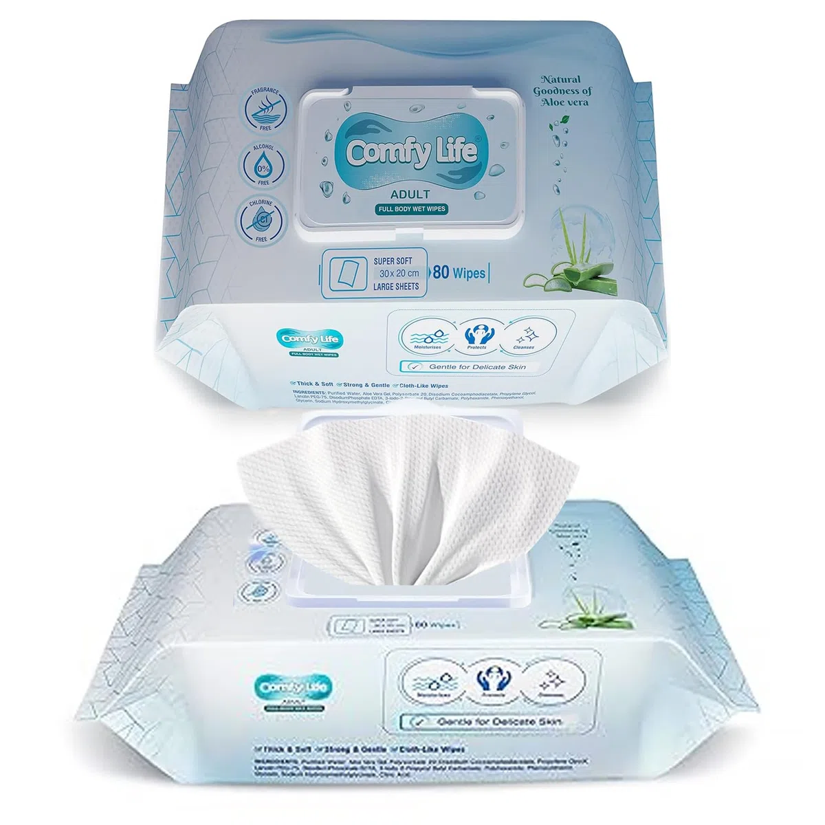 Comfy Life - Toallitas húmedas para el cuerpo, toallitas suaves, sin fragancia y sin enjuague para adultos, para el baño, la cama y cuidado íntimo (1 paquete (80 toallitas))