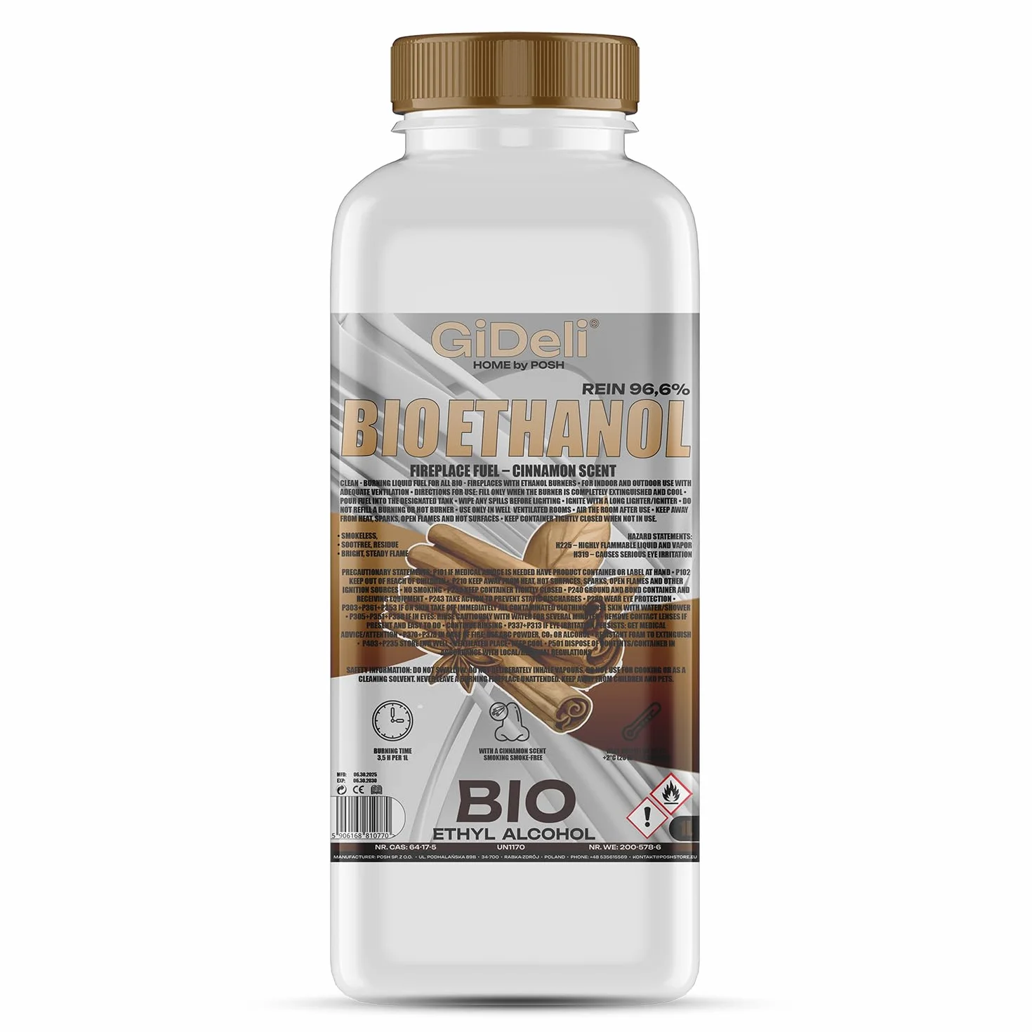 GiDeli Bioetanol 1 l con aroma a canela 96,6% etanol para chimeneas interiores y exteriores, sin humo ni hollín, de maíz y remolacha azucarera