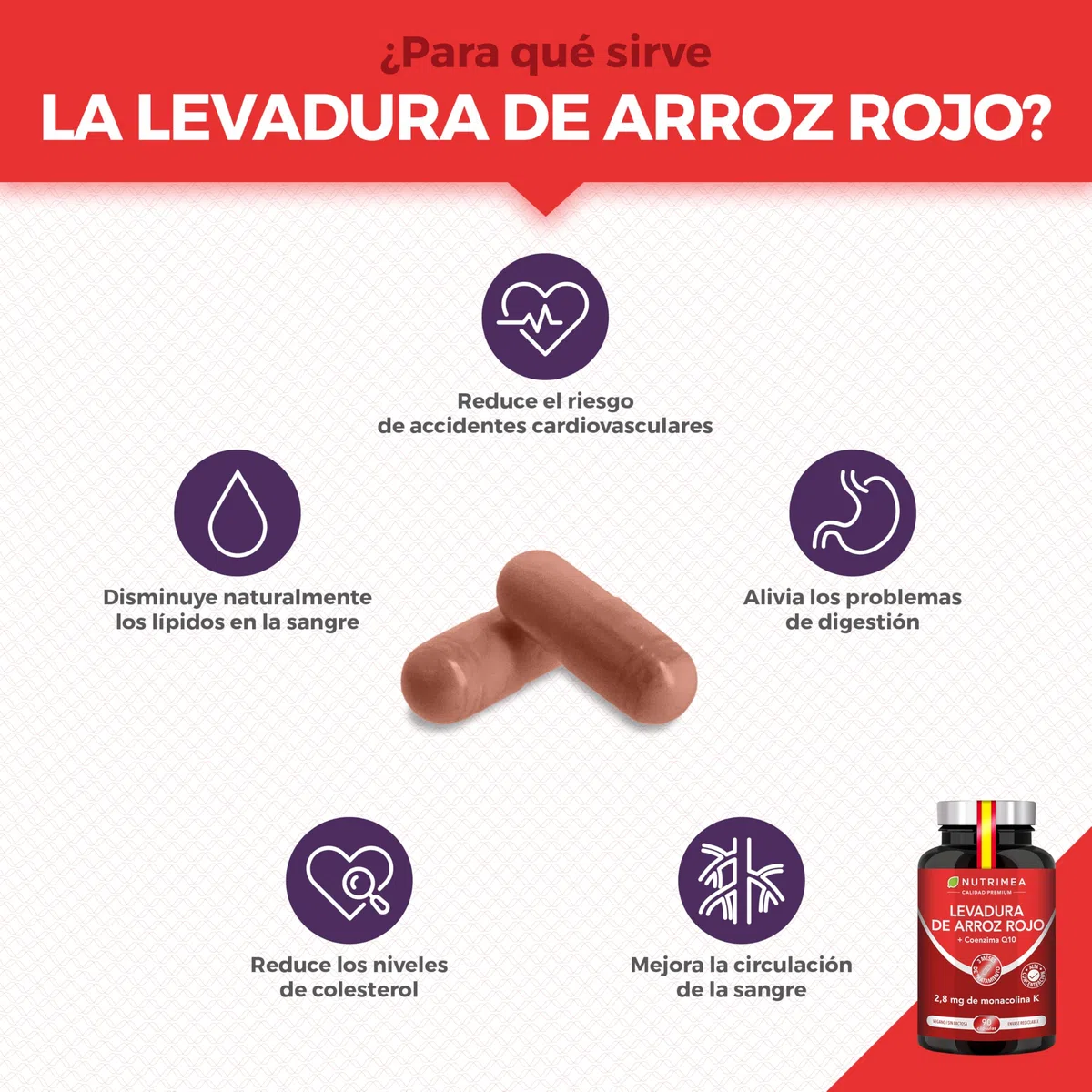 Levadura de Arroz Rojo + 15 mg Coenzima Q10 + 2,8 mg Monacolina K – Apoyo al Colesterol – Sin Citrinina – Alta Concentración – 90 Cápsulas Veganas – Fabricado en Francia – Nutrimea