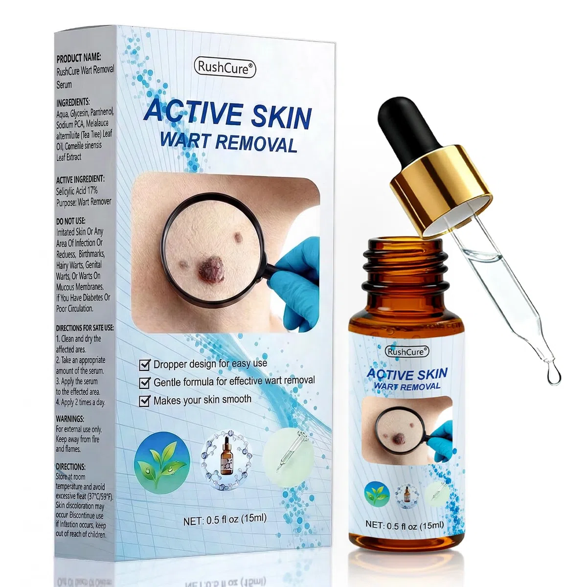 Acción para eliminar acrocordones – Pipeta de precisión para rostro y cuerpo | Eliminación específica de verrugas plantares, vulgares y planas | Fórmula suave con, Sin Dolor | Formato de viaje (15 ml)
