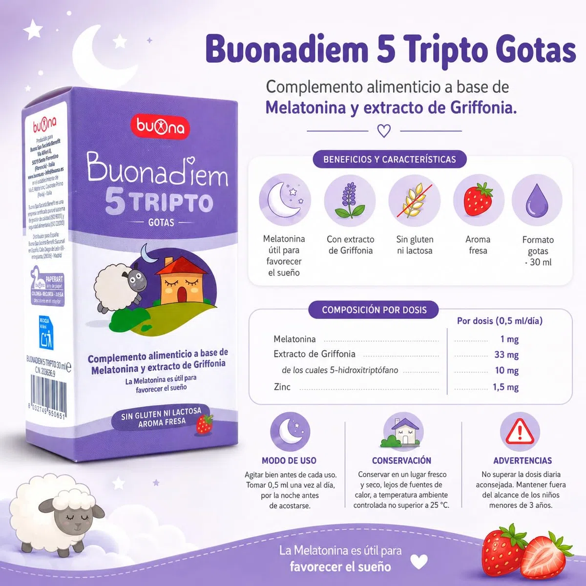 Buona Buonadiem 5-Tripto Gotas 30 ml - Suplemento para el Sueño y Descanso Infantil - Con 5-HTP (Griffonia) - Ayuda a Conciliar el Sueño de Bebés y Niños - Relajación Natural