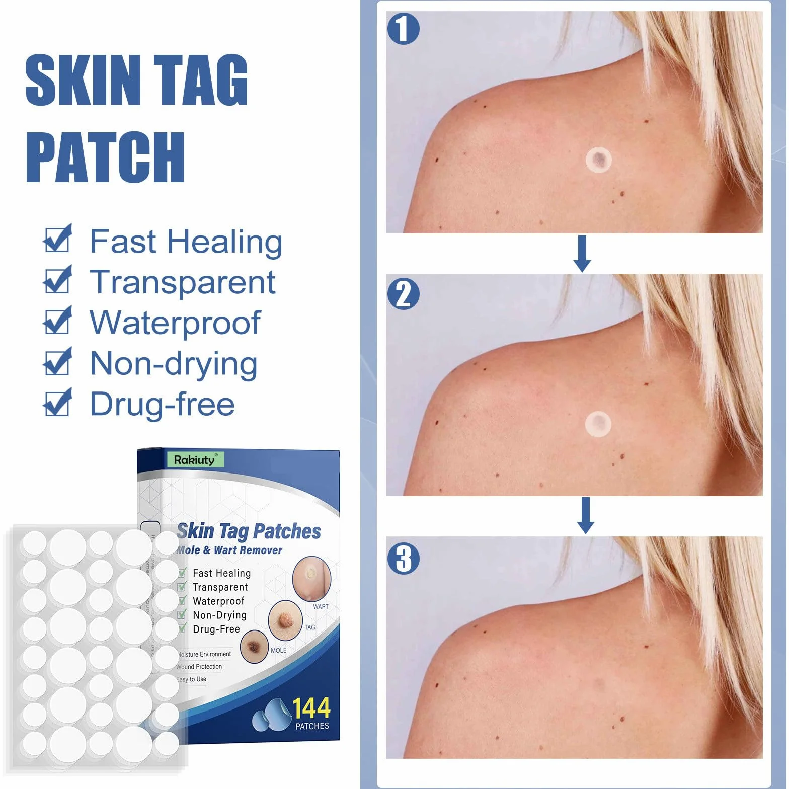 Wart and Mole Removal Patches,Parches Quita Verrugas Cuello y Cara,Producto de Verrugas,Skin Tag Removal Patches,Parches Quita Wart Cuello y Cara,para Mujer Hombre,144 Piezas